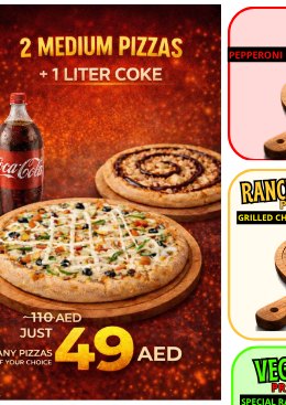 2 Medium Pizzas + Coke